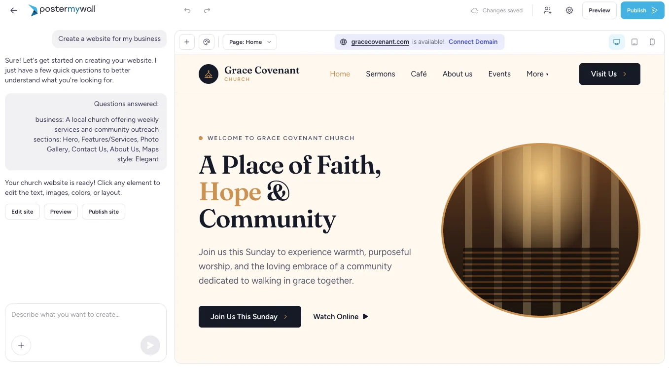 AI Websites builder: chat on the left, a generated church website on the live canvas