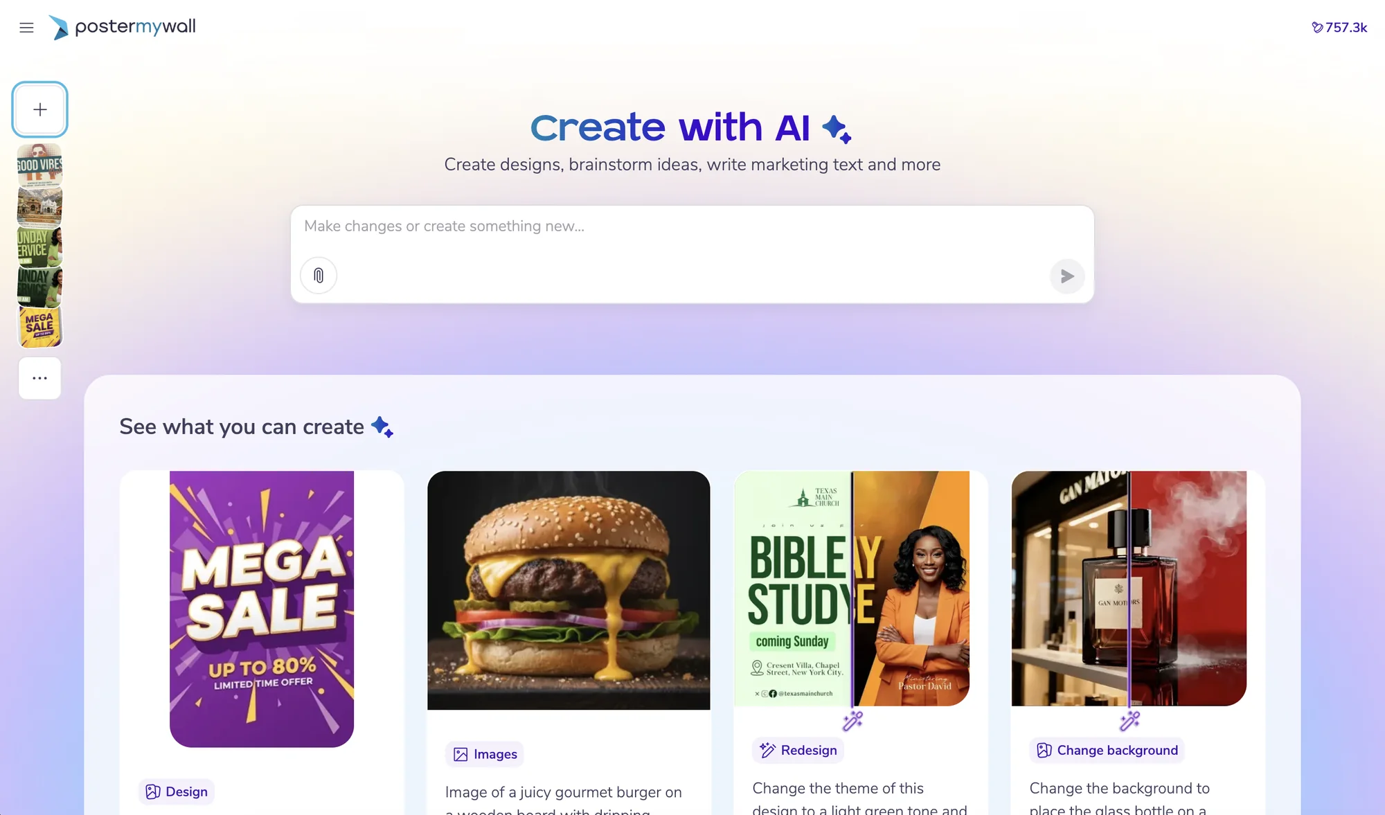 AI Chat home: a prompt box above example designs
