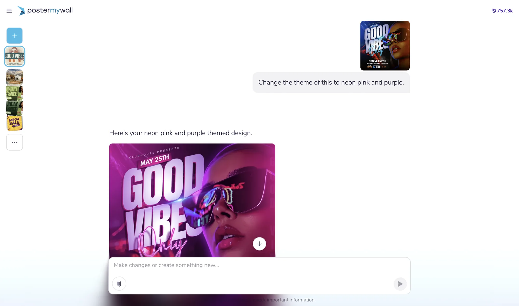 A chat where the agent re-themes a poster in neon pink and purple