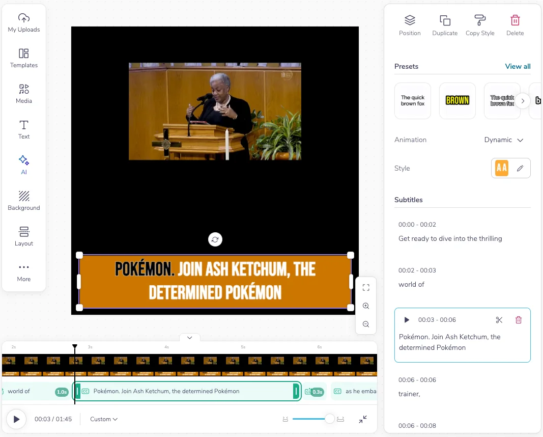 Subtitle timeline editor under a video