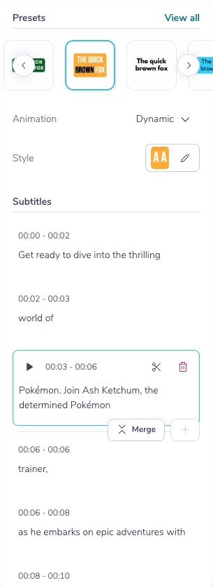 Subtitle panel with editable lines
