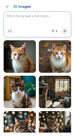 AI image generator panel showing a prompt and a grid of generated cat images